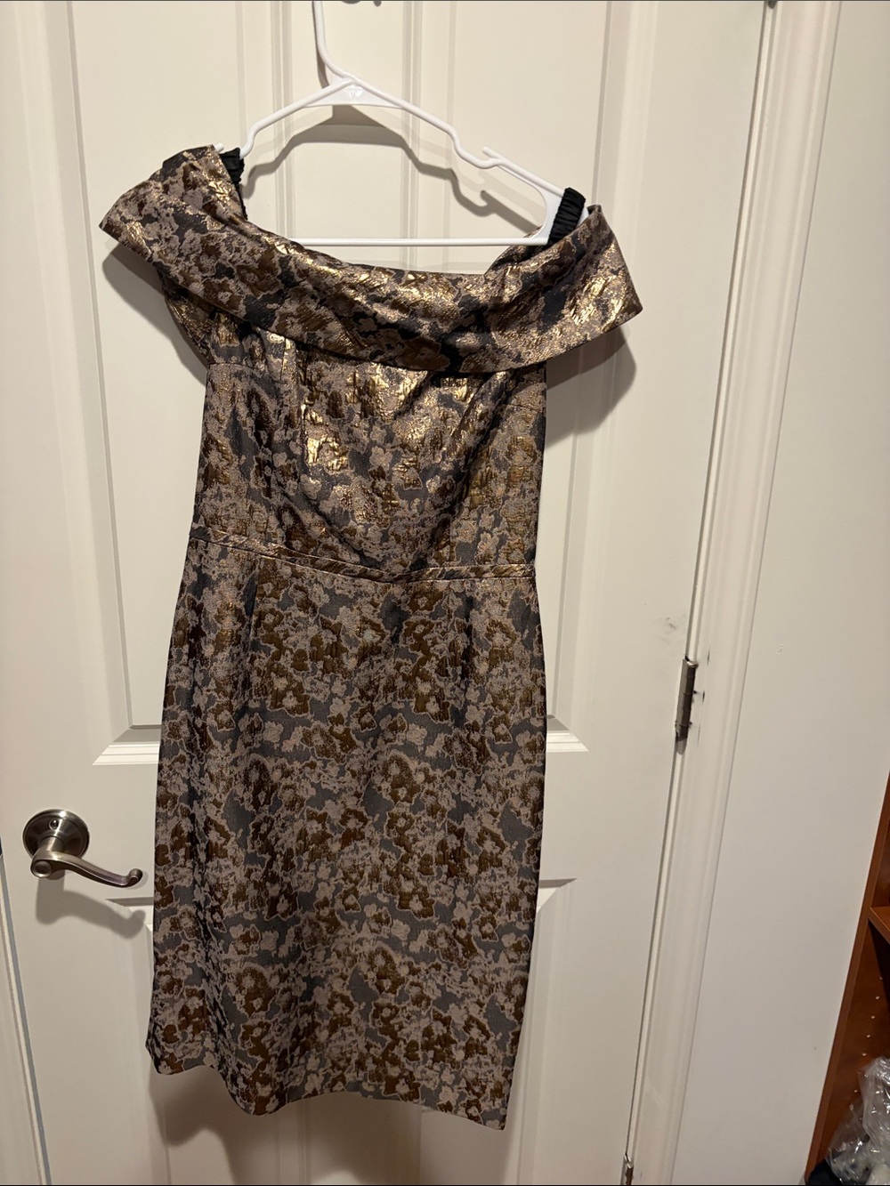 Calvin Klein Gold and Gray One-Shoulder Jacquard Dress